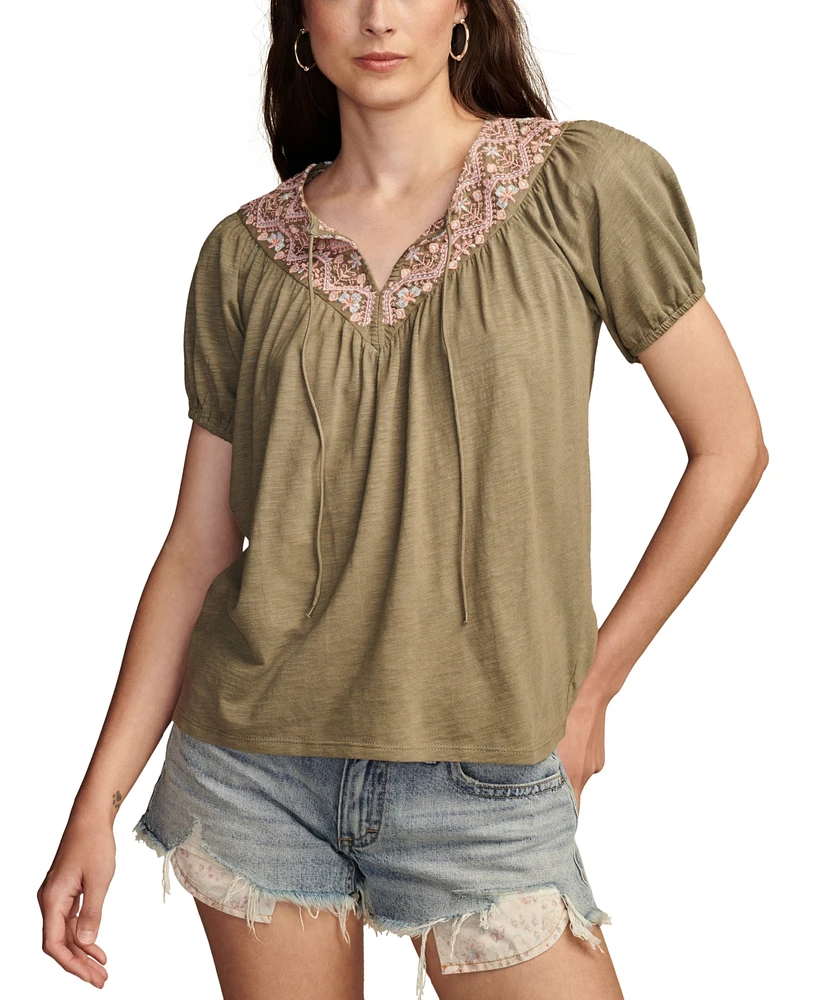 Lucky Brand Women's Embroidered Tie-Neck Peasant Top