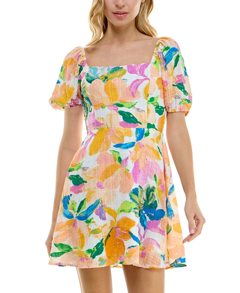 As U Wish Juniors' Puffed-Sleeve Floral-Print Smocked-Back Dress