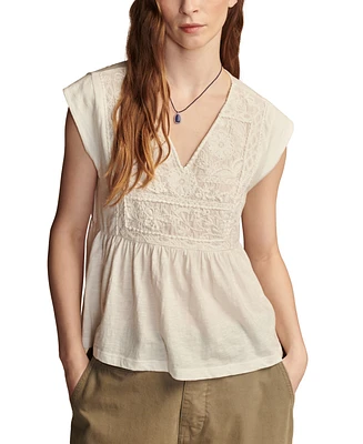 Lucky Brand Women's Embroidered Cotton Baby Doll Top