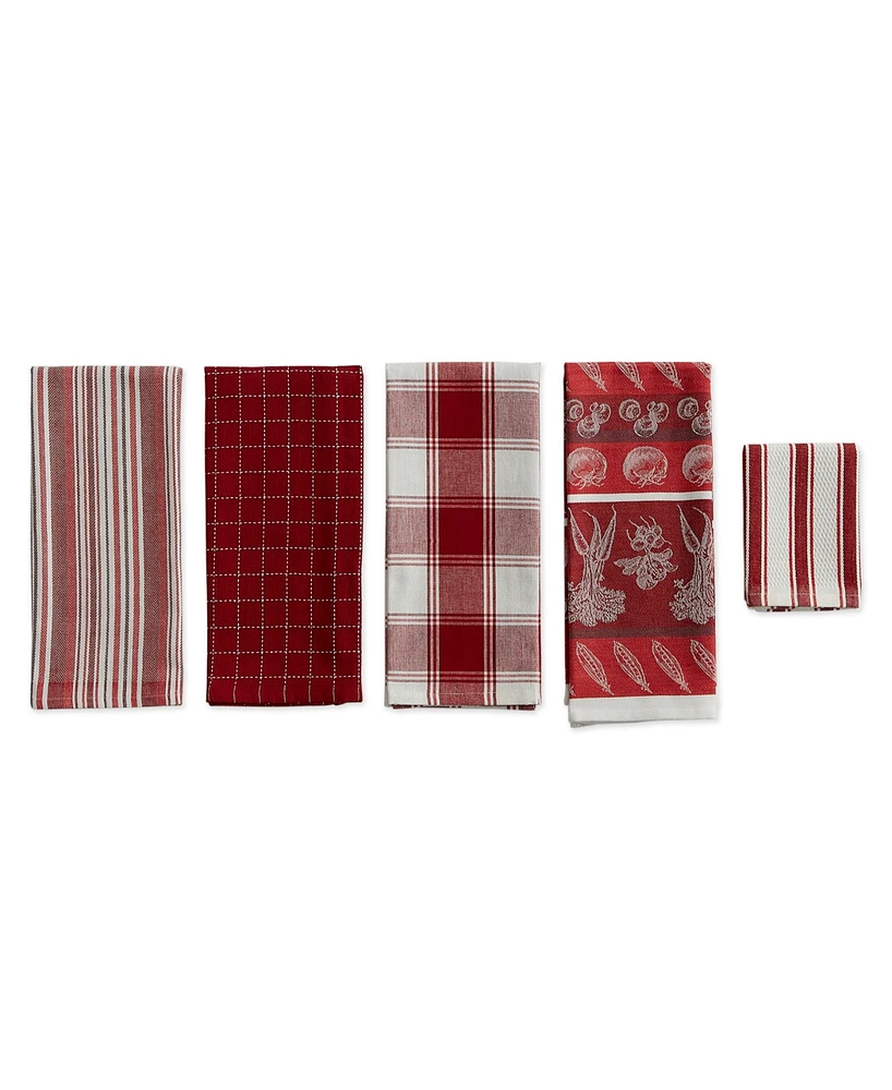 Design Imports Assorted Pattern, Kitchen Collection, Dishtowels Dishcloth, Garnet, 5 Piece