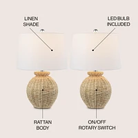 Jonathan Y Nora 22" Rustic Coastal Rattan Globe Led Table Lamps, Brown (Set of 2)