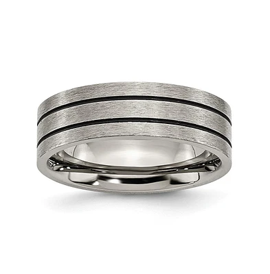 Chisel Titanium Brushed Black Enamel Grooved Flat Wedding Band Ring