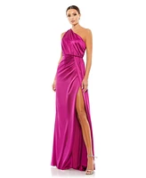 Mac Duggal Women's Ieena Gathered One Shoulder Satin Faux Wrap Gown