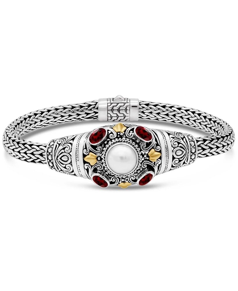 Devata Garnet, Freshwater Cultured Pearl & Bali Filigree with Dragon Bone Oval 5mm Chain Bracelet in Sterling Silver and 18K Gold