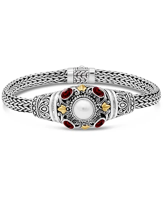 Devata Garnet, Freshwater Cultured Pearl & Bali Filigree with Dragon Bone Oval 5mm Chain Bracelet Sterling Silver and 18K Gold