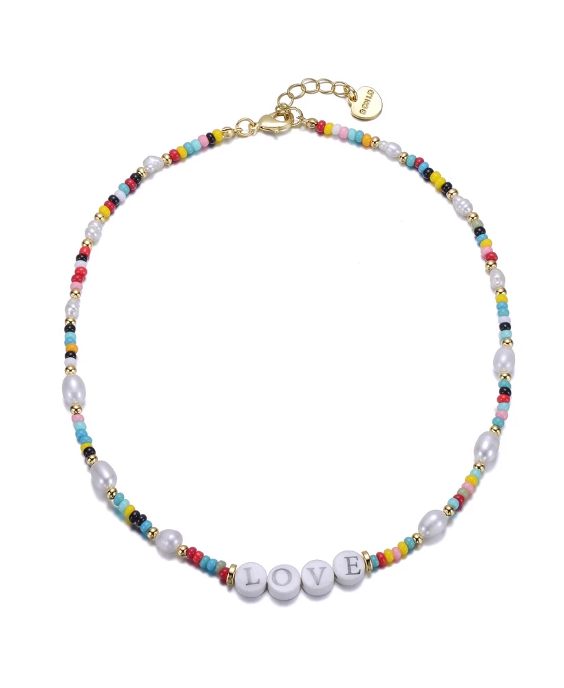 GiGiGirl 14k Yellow Gold Plated Multi Color Beads Necklace with Freshwater Pearls and Love Tag in Circular Charms for Kids