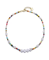 GiGiGirl 14k Yellow Gold Plated Multi Color Beads Necklace with Freshwater Pearls and Love Tag in Circular Charms for Kids