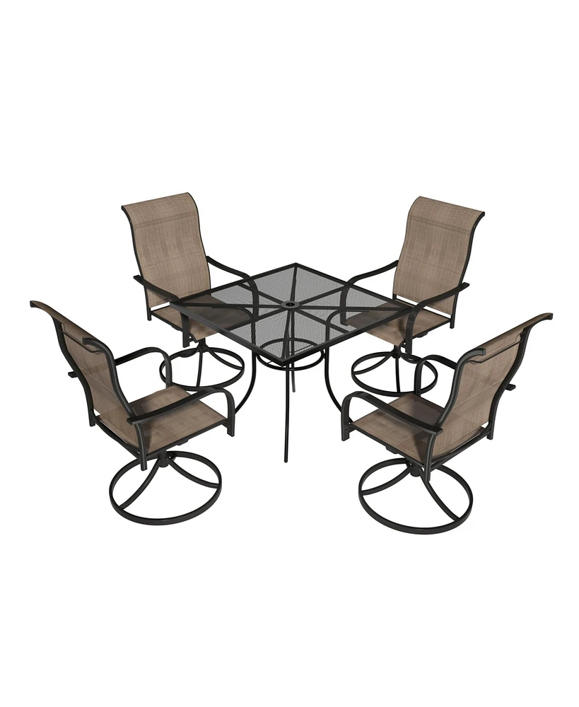 Mondawe 5-Piece Square Steel Mesh Table And Steel Textiliene Dining Chair Set With 4 Pcs Swivel Chairs