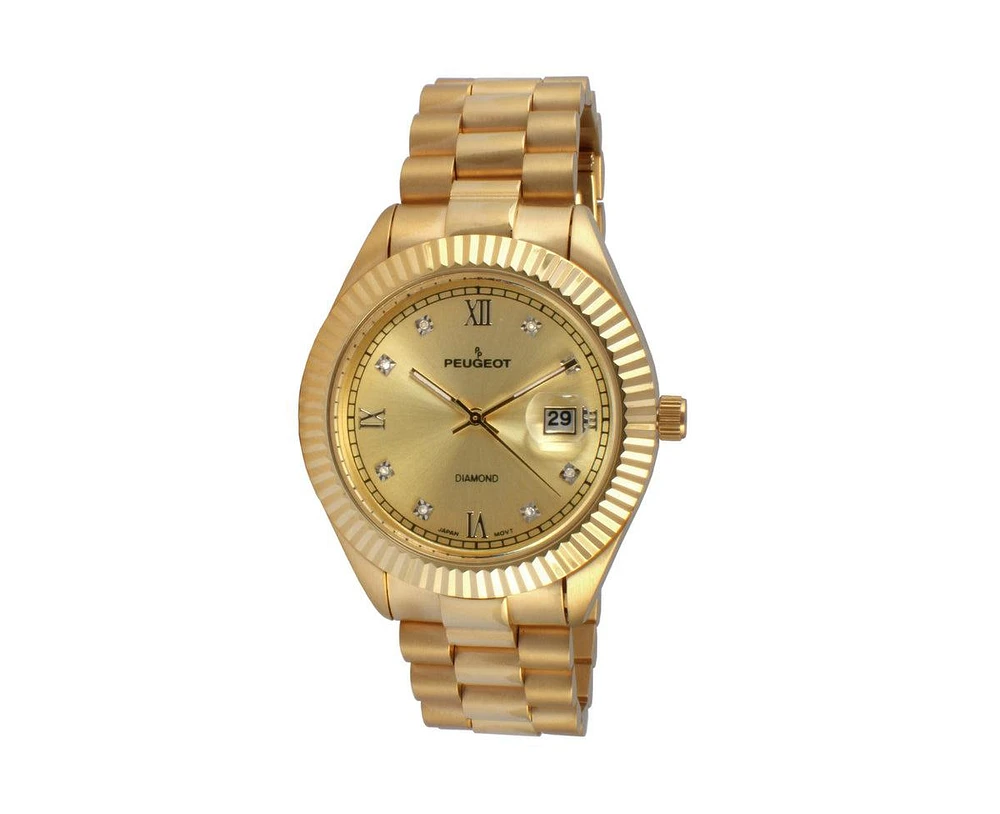 Peugeot Men's 40mm Gold dial 14K Gold Plated Genuine Diamond Dial Watch with Gold-Tone Bracelet Strap