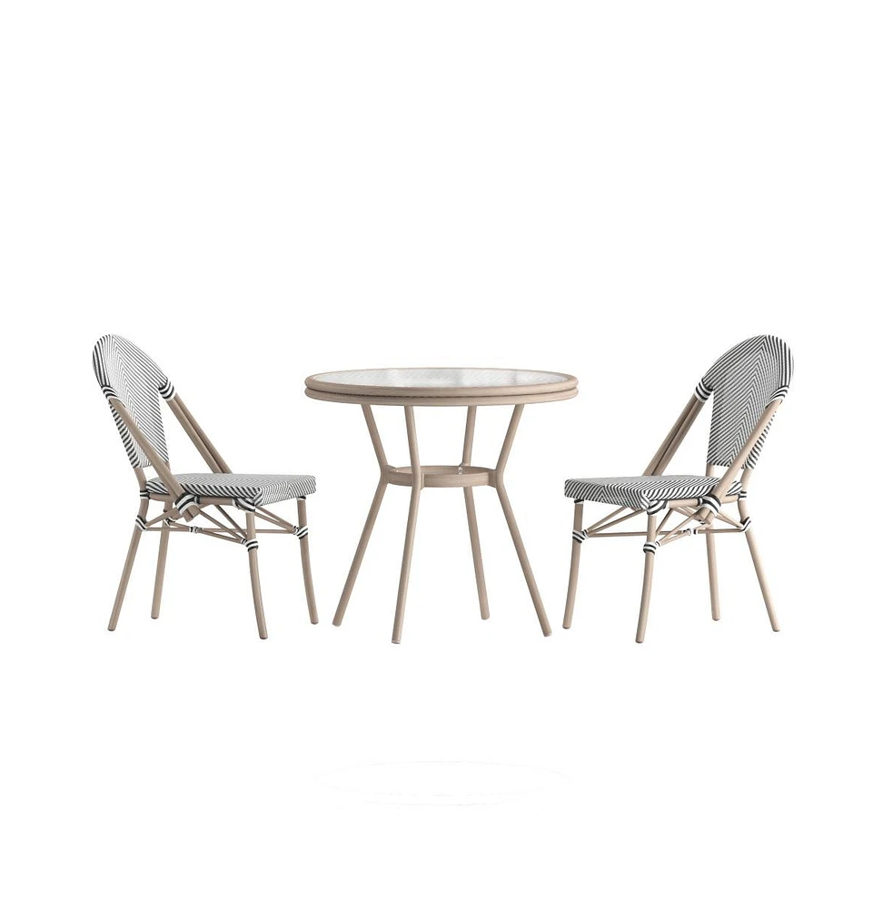 Merrick Lane Mael Bistro Style Table With Glass Top, Textilene, Stack Chairs