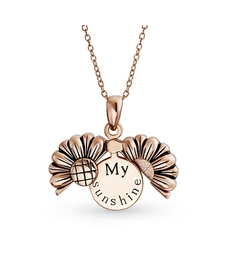 Bling Jewelry Personalize Floral Flower Inspirational Saying My Sunshine Words Sunflower Open Locket Pendant Necklace Girlfriend Rose Gold Plated Ster