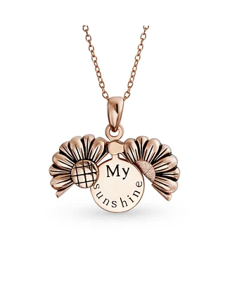 Bling Jewelry Floral Flower Inspirational Saying My Sunshine Words Sunflower Open Locket Pendant Necklace Rose Gold Plated Sterling Silver