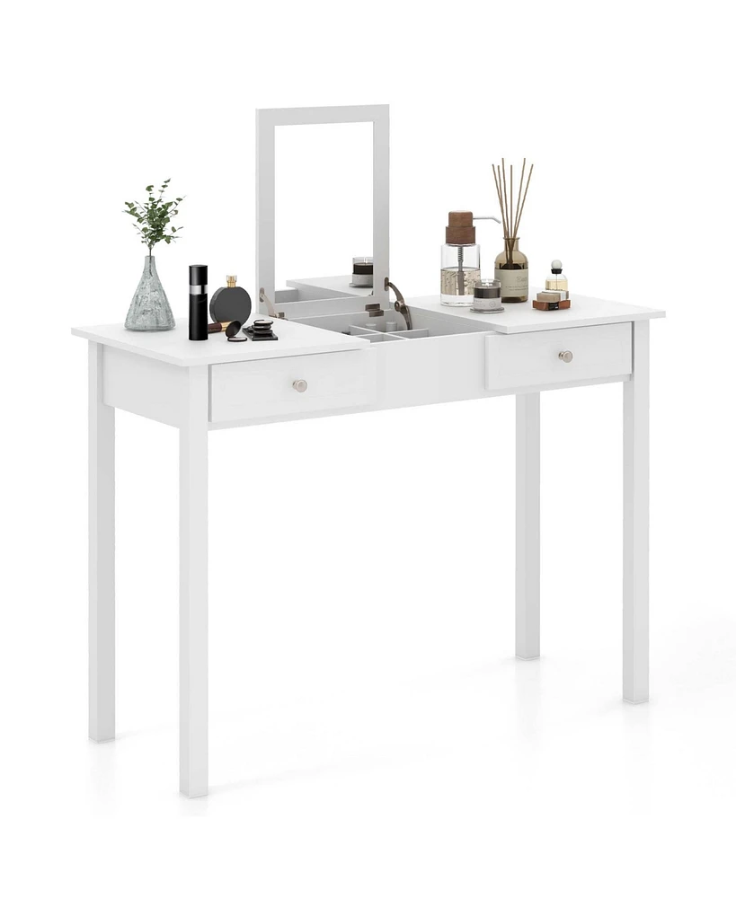 Costway 2-In-1 Vanity Table with Flip-Top Mirror 2 Drawers 9-Slot Storage Compartment