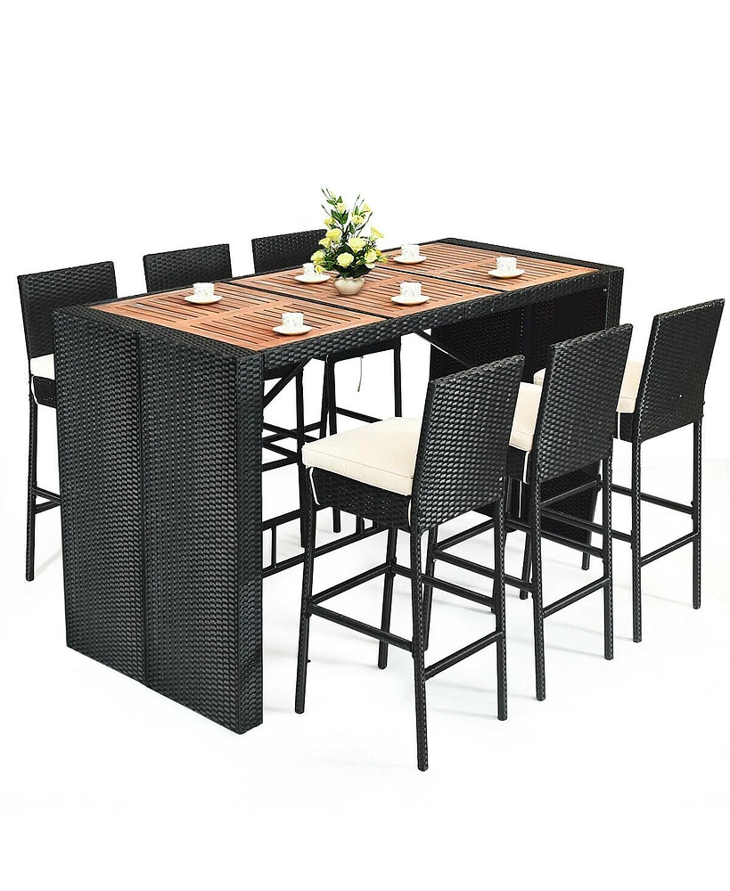 Gymax 7PCS Rattan Wicker Bar Set Patio Dining Furniture w/ Wood Table Top 6 Stools