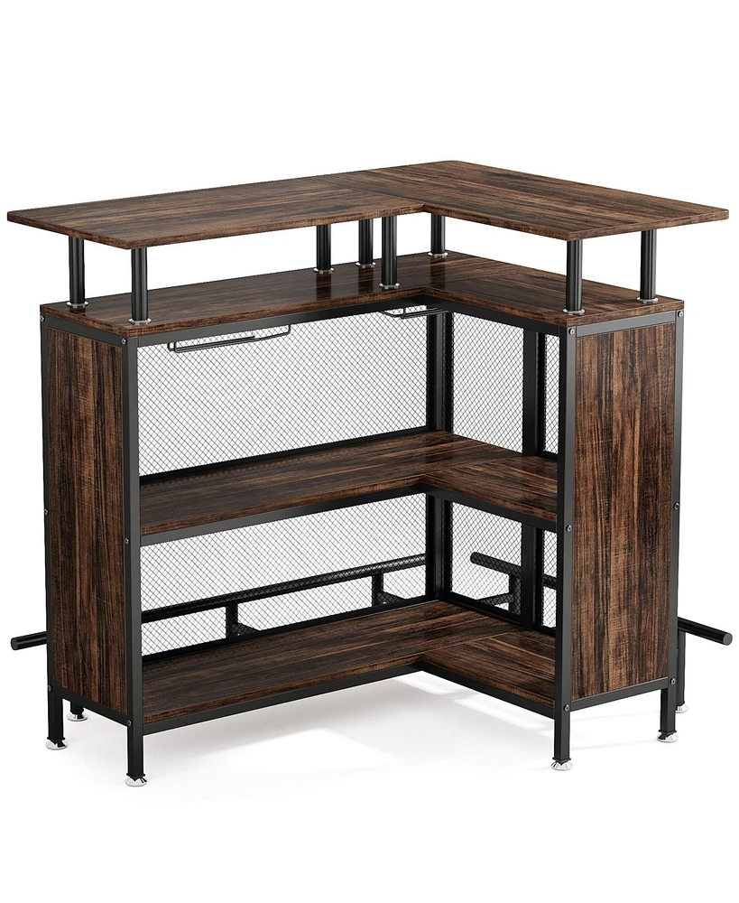 Tribesigns Home Bar Unit, L-Shaped Bar Table with Stemware Racks and 2-Tier Shelves, Corner Mini Coffee Liquor Cabinet with Footrest for Home/Kitchen/