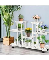 Sugift 4-Tier Wood Casters Rolling Shelf Plant Stand