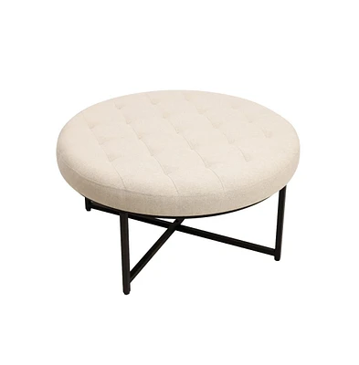 Merrick Lane Almas 34-Inch Round Tufted Cotton Linen Ottoman With Durable Metal Frame