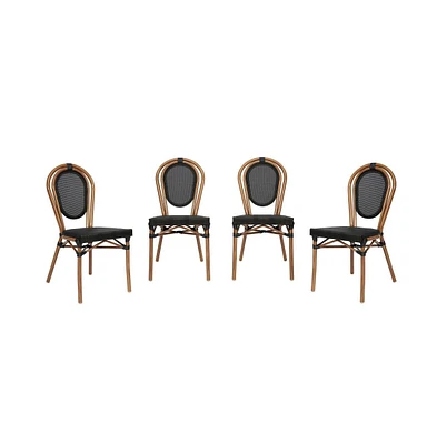 Merrick Lane Mael Set Of Four Stacking Thonet Bistro Style Chair With Textilene Seat And Bamboo Finished Metal Frame For Indoor/Outdoor Use