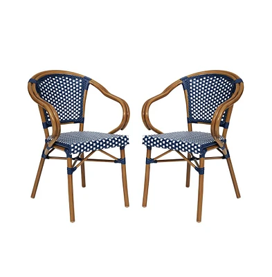 Merrick Lane Sacha Set Of Two Stacking Thonet Bistro Style Chair With Arms, Pe Rattan Seat, And Bamboo Metal Frame For Indoor/Outdoor Use
