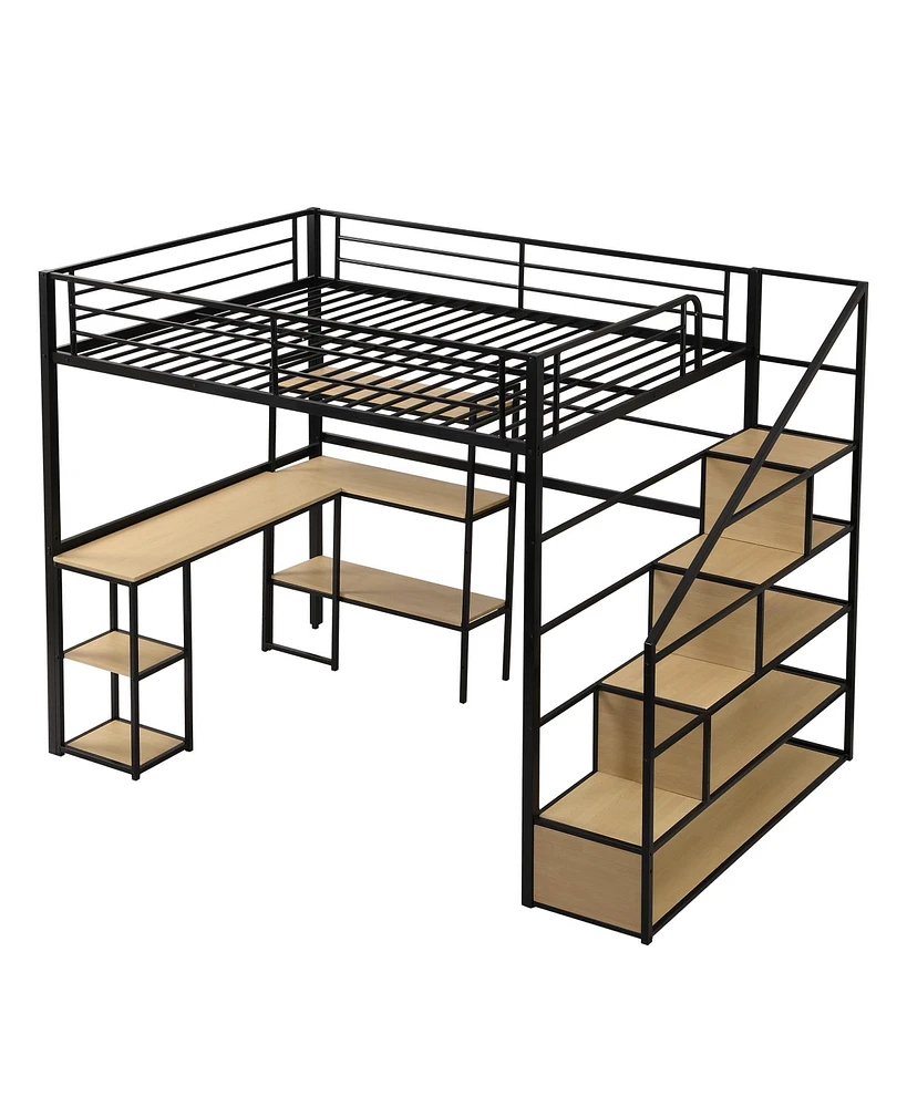 Simplie Fun Full Size Metal Loft Bed With Staircase, Built-In Desk And Shelves