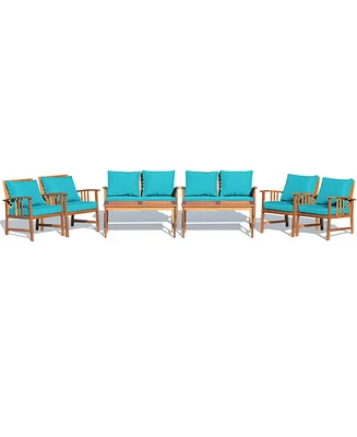 Gymax 8pcs Wooden Patio Furniture Set Table & Sectional Sofa w/ Turquoise Cushion