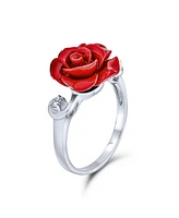 Bling Jewelry Cz Accent Flower Fashion Red carved Rose Statement Ring For Women Sterling Silver