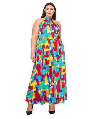 L I V D Plus Size Arroyo Halter Neck Maxi Dress in Abstract Print