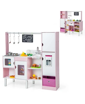 Costway 2-in-1 Kids Kitchen & Market with Realistic Light & Sound 82 Accessories Included