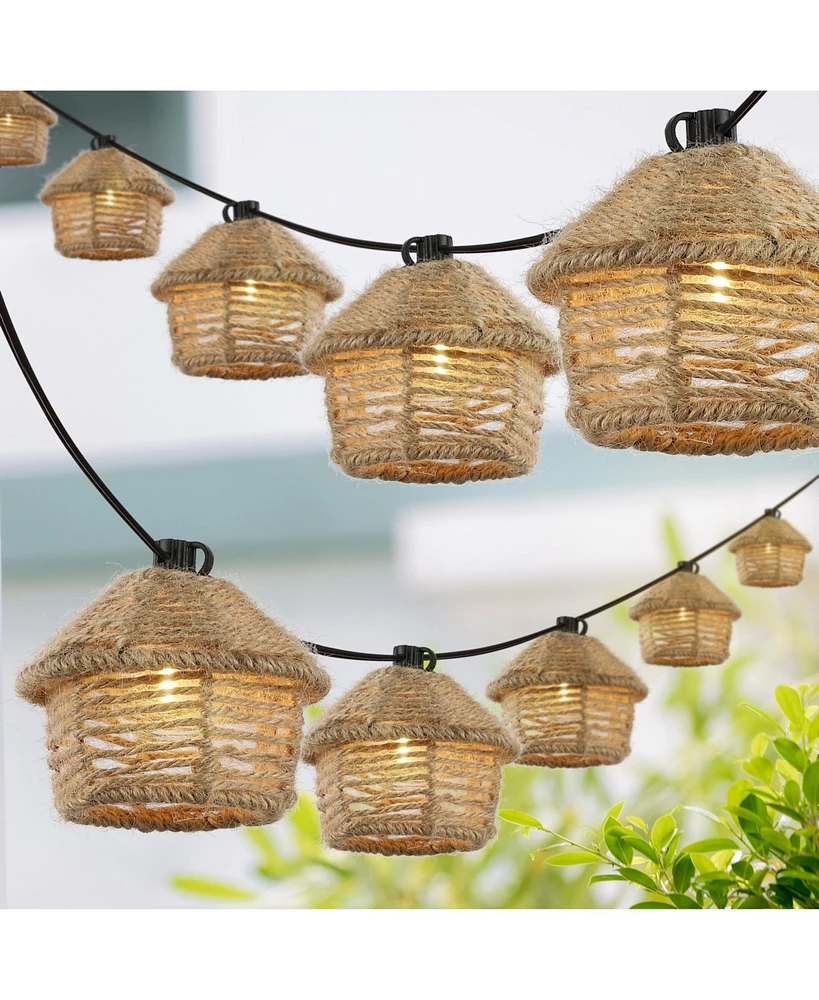 Jonathan Y Maui 10-Light Indoor/Outdoor 10 ft. Mid-Century Vintage Incandescent G40 Tiki Hut Hemp Rope Shaded String Lights, Brown