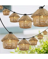 Jonathan Y Maui 10-Light Indoor/Outdoor 10 ft. Mid-Century Vintage Incandescent G40 Tiki Hut Hemp Rope Shaded String Lights, Brown