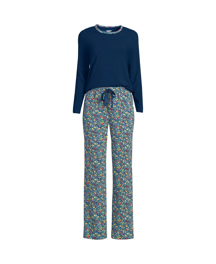 Lands' End Women's Knit Pajama Set Long Sleeve T-Shirt and Pants