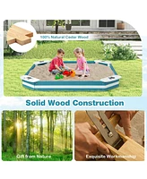 Sugift Outdoor Solid Wood Sandbox with 4 Built-in Animal Patterns Seats