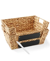 Casafield (Set of 2) Water Hyacinth Pantry Baskets with Handles and Chalkboard Labels - Espresso, Wide Woven Storage Baskets for Kitchen Shelves