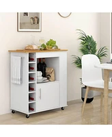 Sugift Kitchen Cart on Wheels with Bamboo Top and 6-Bottle Wine Rack