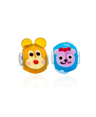 Bling Jewelry Set of 2 Colorful 3D Cartoon Mother Daughter Teddy Bear Glass Charms Bead Lamp Work Fits European Charm Bracelet Murano Glass Sterling S