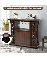 Sugift Rolling Wine Storage Buffet Sideboard Wooden Bar Storage Cabinet