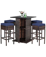 Sugift 5 Pieces Patio Rattan Cushioned Bar Furniture Set with Hidden Storage Shelf