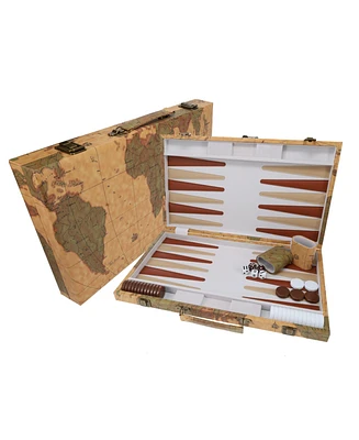 We Games Tan Map Style Leatherette Backgammon Set, 18 x 11 in. closed