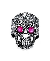 Bling Jewelry Large Men's Biker Halloween Devil Demon Gothic Caribbean Pirate Red Cz Eyes Skull Head Signet Ring Oxidized Sterling Silver