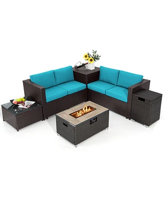 Gymax 6 Piece Patio Sofa & Fire Table Set Outdoor Rattan Sectional Sofa Set w/ Storage Box Turquoise