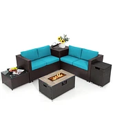 Gymax 6 Piece Patio Sofa & Fire Table Set Outdoor Rattan Sectional Sofa Set w/ Storage Box Turquoise