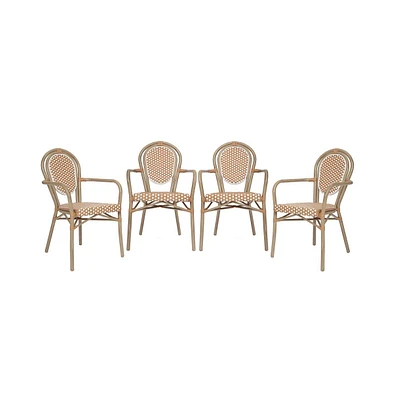 Emma+Oliver Colmar Set Of Four Indoor/Outdoor Stacking Thonet French Bistro Style Chairs With Arms, Pe Rattan Seat And Finished Metal Frame