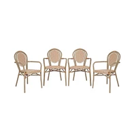 Emma+Oliver Colmar Set Of Four Indoor/Outdoor Stacking Thonet Bistro Style Chairs With Arms, Pe Rattan Seat And Finished Metal Frame