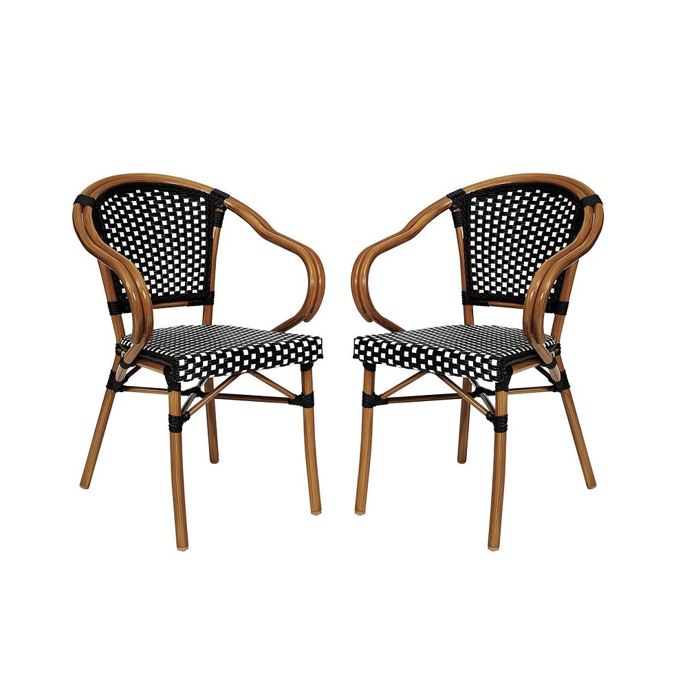 Merrick Lane Sacha Set Of Two Stacking Thonet Bistro Style Chair With Arms, Pe Rattan Seat, And Bamboo Metal Frame For Indoor/Outdoor Use