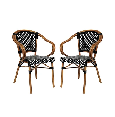 Merrick Lane Sacha Set Of Two Stacking Thonet Bistro Style Chair With Arms, Pe Rattan Seat, And Bamboo Metal Frame For Indoor/Outdoor Use