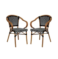 Merrick Lane Sacha Set Of Two Stacking Thonet Bistro Style Chair With Arms, Pe Rattan Seat, And Bamboo Metal Frame For Indoor/Outdoor Use