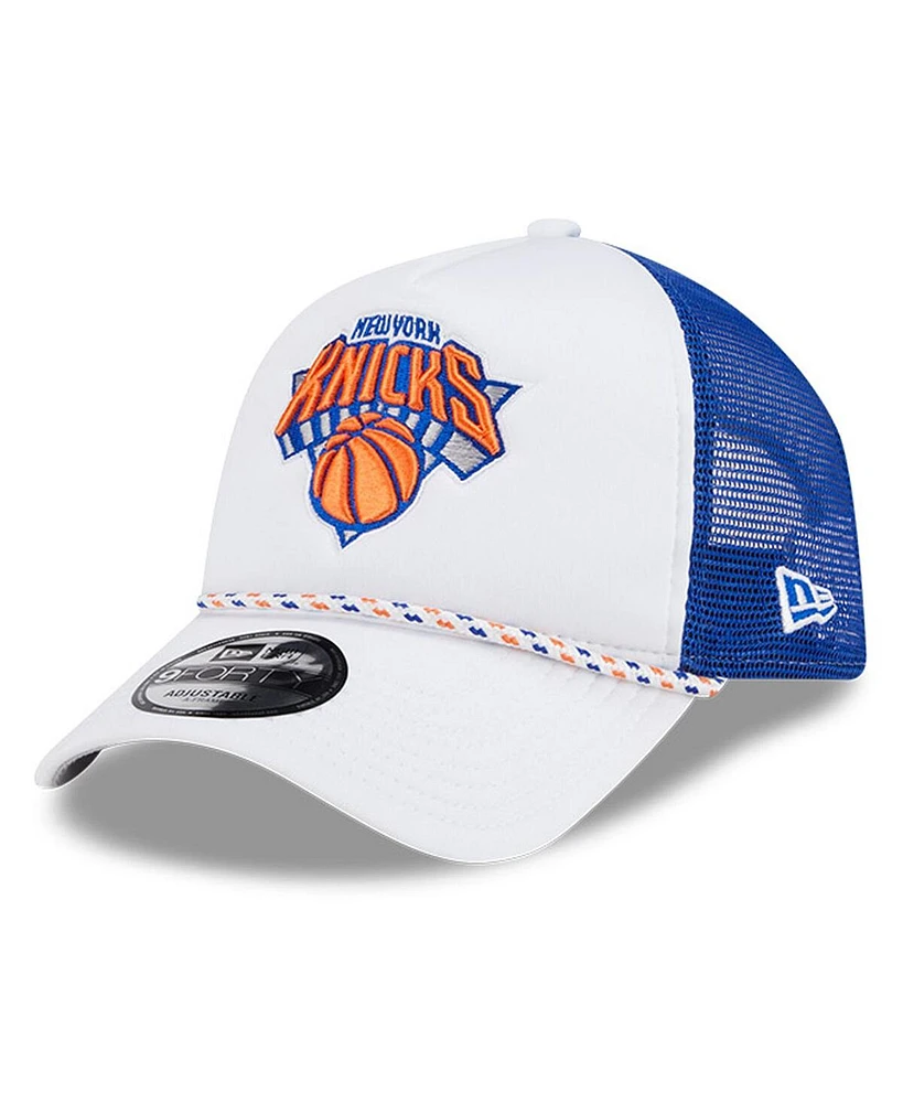 New Era Men's White/Blue New York Knicks Court Sport Foam A-Frame 9FORTY Adjustable Trucker Hat