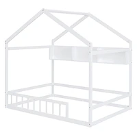 Streamdale Furniture Wooden Full Size House Bed With Storage Shelf, Kids Bed With Fence And Roof, White