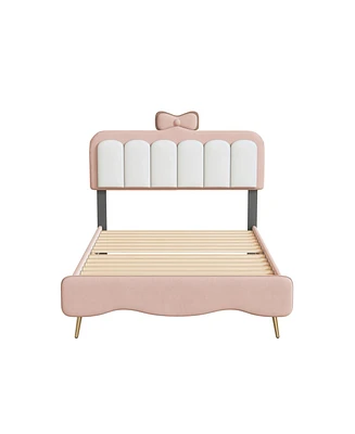 Simplie Fun Twin Size Pink Velvet Princess Bed with Headboard