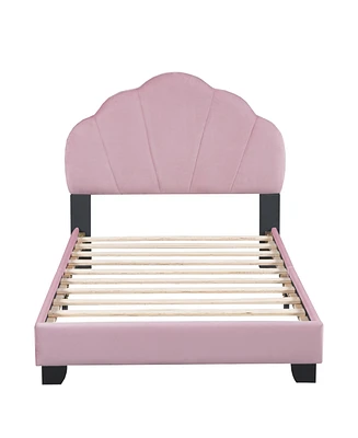 Simplie Fun Twin Size Upholstered Velvet Platform Bed With Shell-Shaped Headboard, Pink